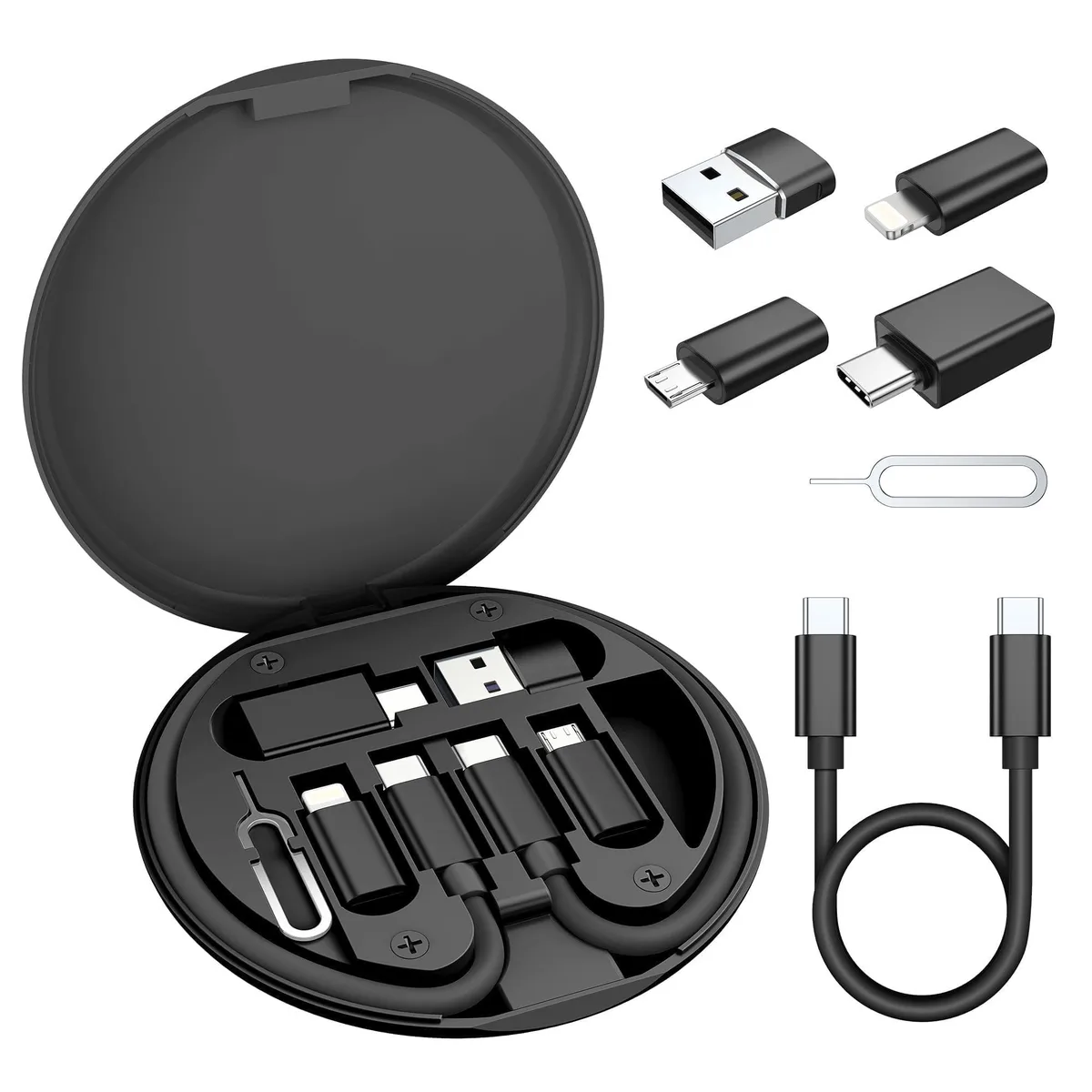 Black round case with USB-C cable and multiple adapters inside