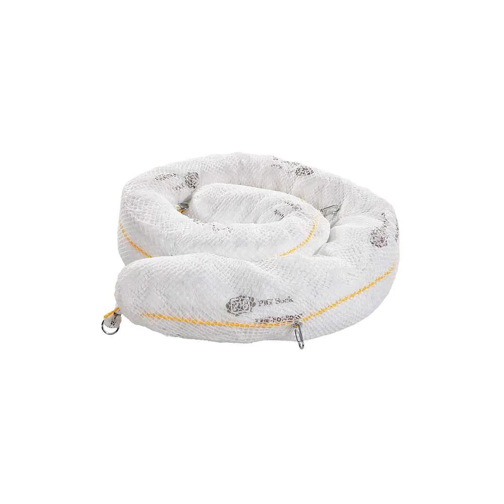 Two white cylindrical absorbent booms 10 ft long 8 in diameter polyester mesh outer skin polypropylene filler rope along length