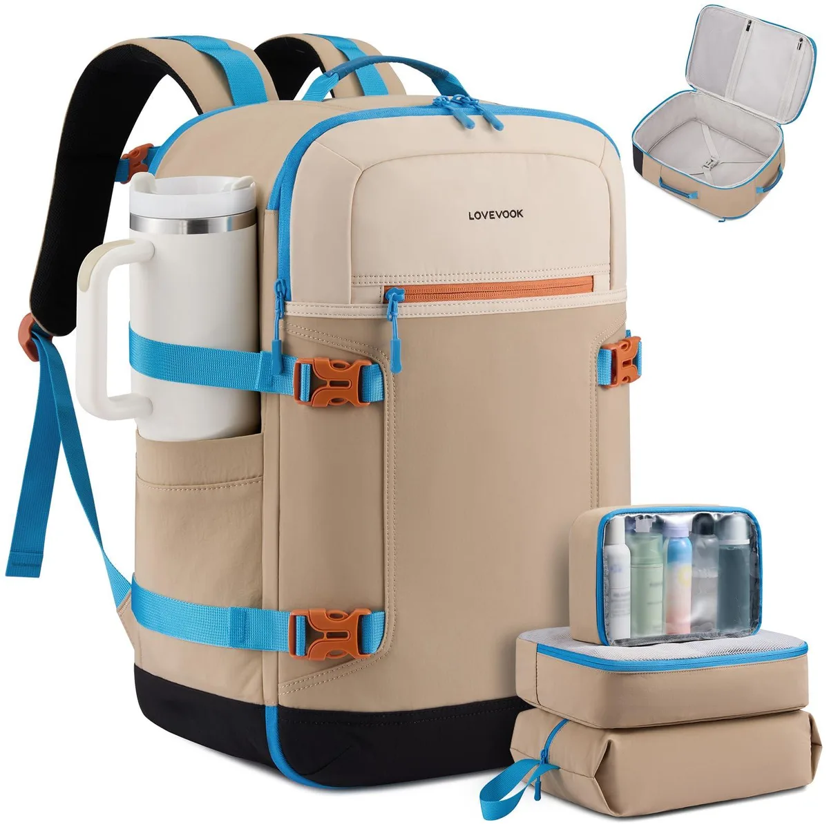 Light khaki 40L travel backpack with suitcase opening and 17 inch laptop compartment