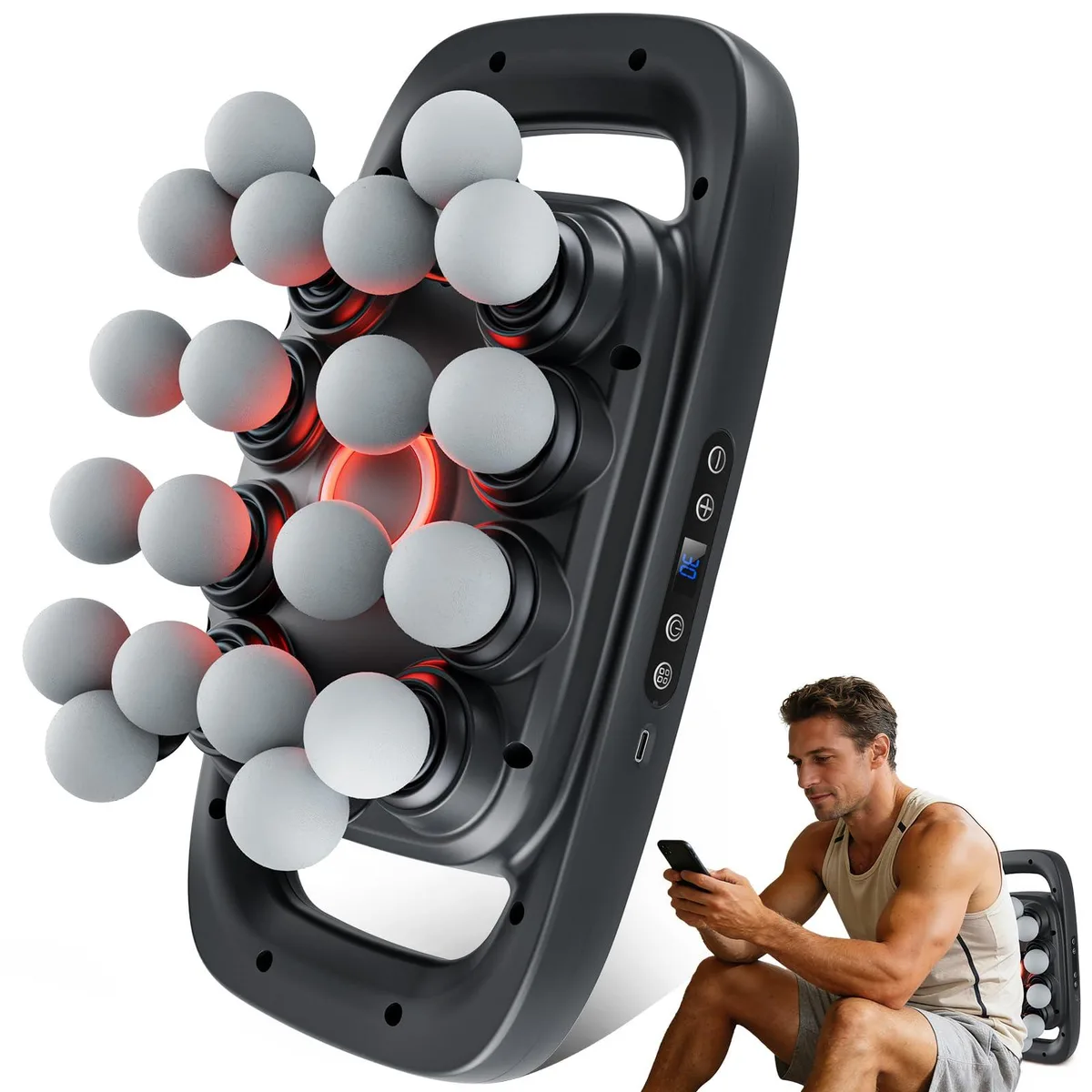 Black handheld percussion massager with 20-head attachment, matte plastic finish