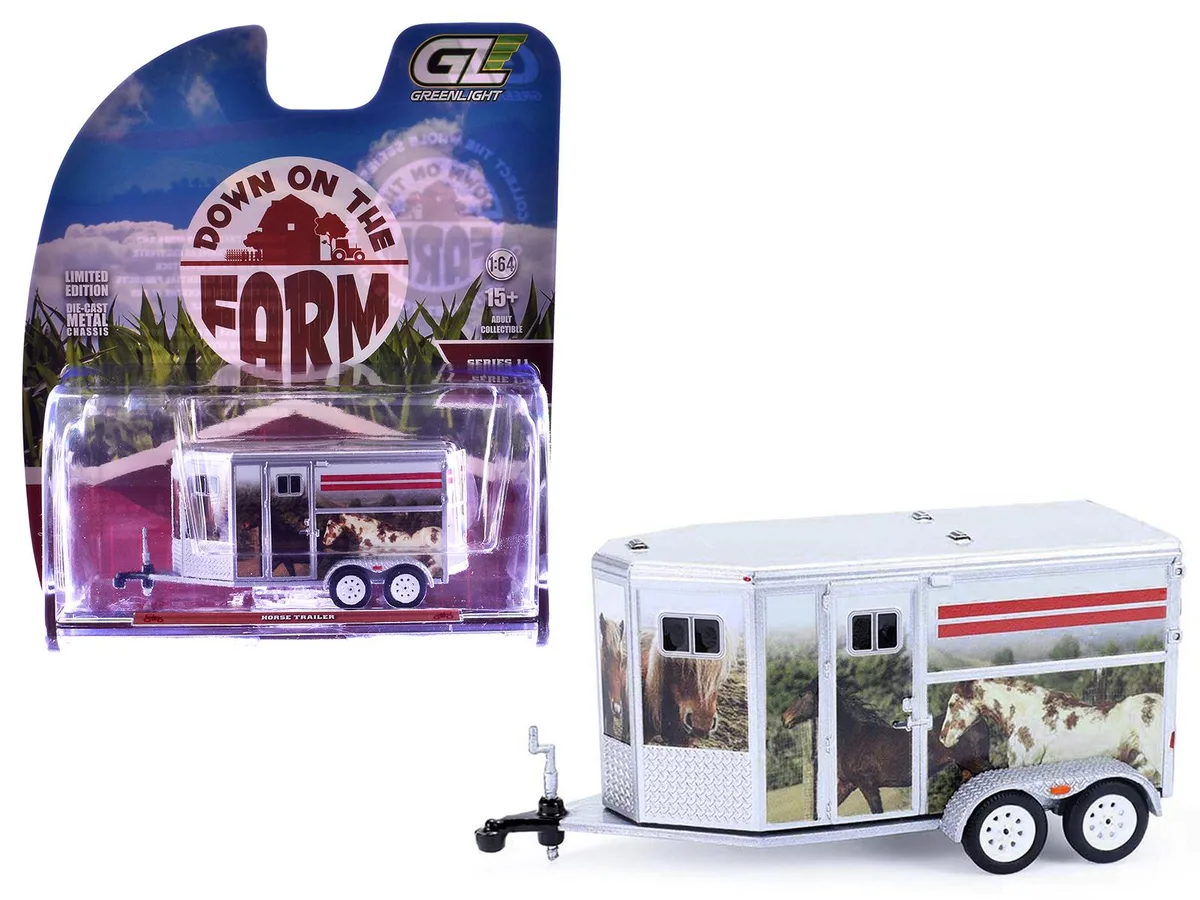 GREENLIGHT GREENLIGHT Horse Trailer Silver Custom Wrap "Down on the Farm" Series 11 1/64 Diecast — product photo