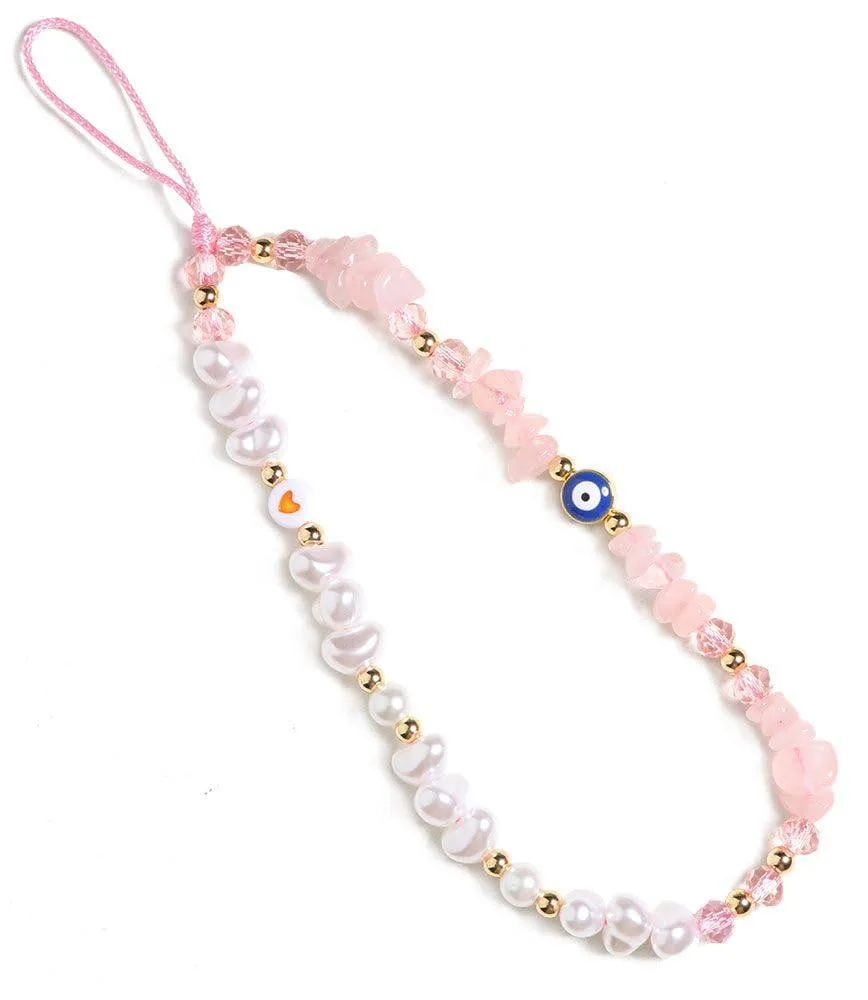 Pink beaded phone charm with evil eye, crystals, pearls and gold brass lobster clasp