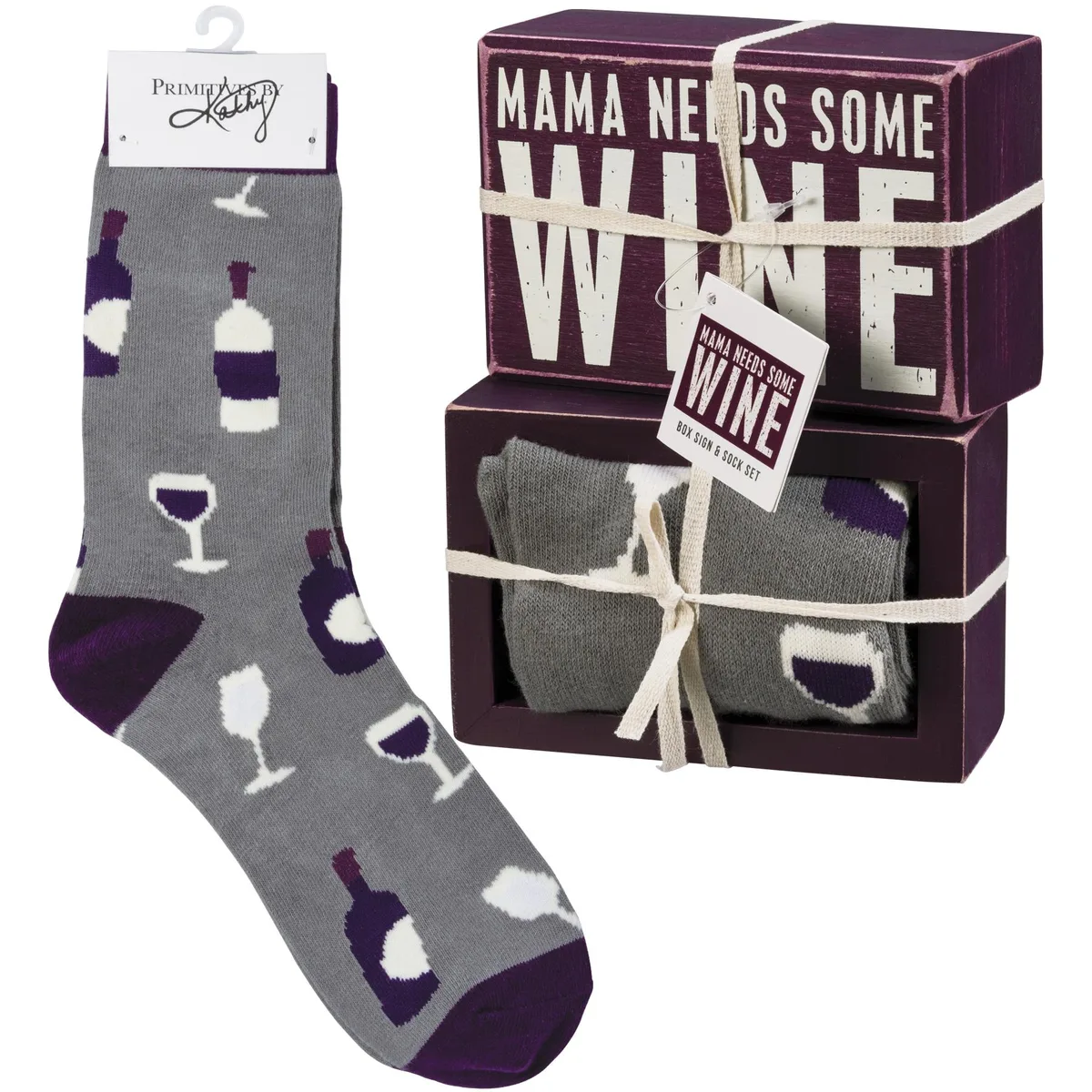 Primitives By Kathy Primitives By Kathy Box Sign &amp; Socks Set Mama Needs Some Wine — product photo