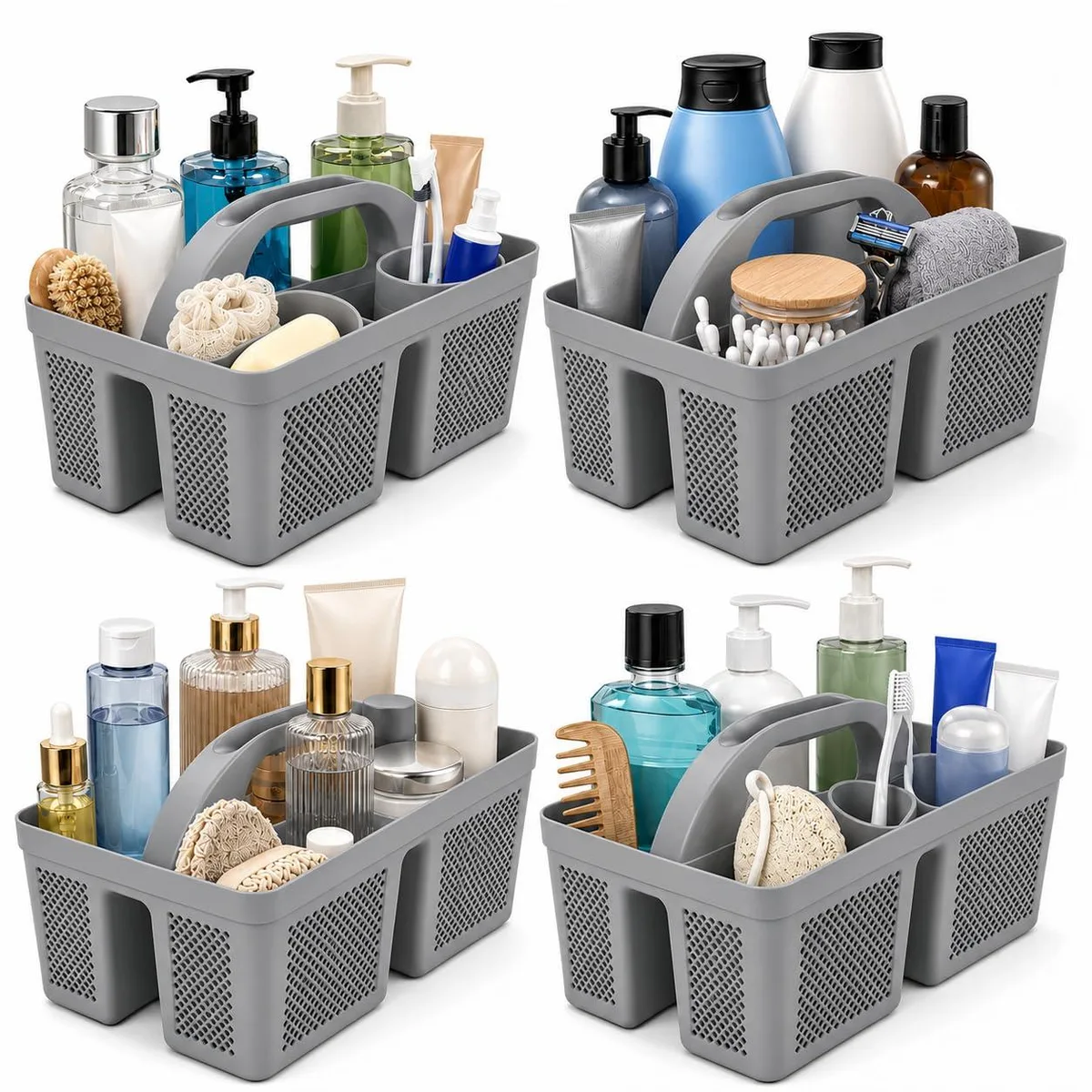 Four rectangular plastic shower caddies with integrated handles and ventilation holes