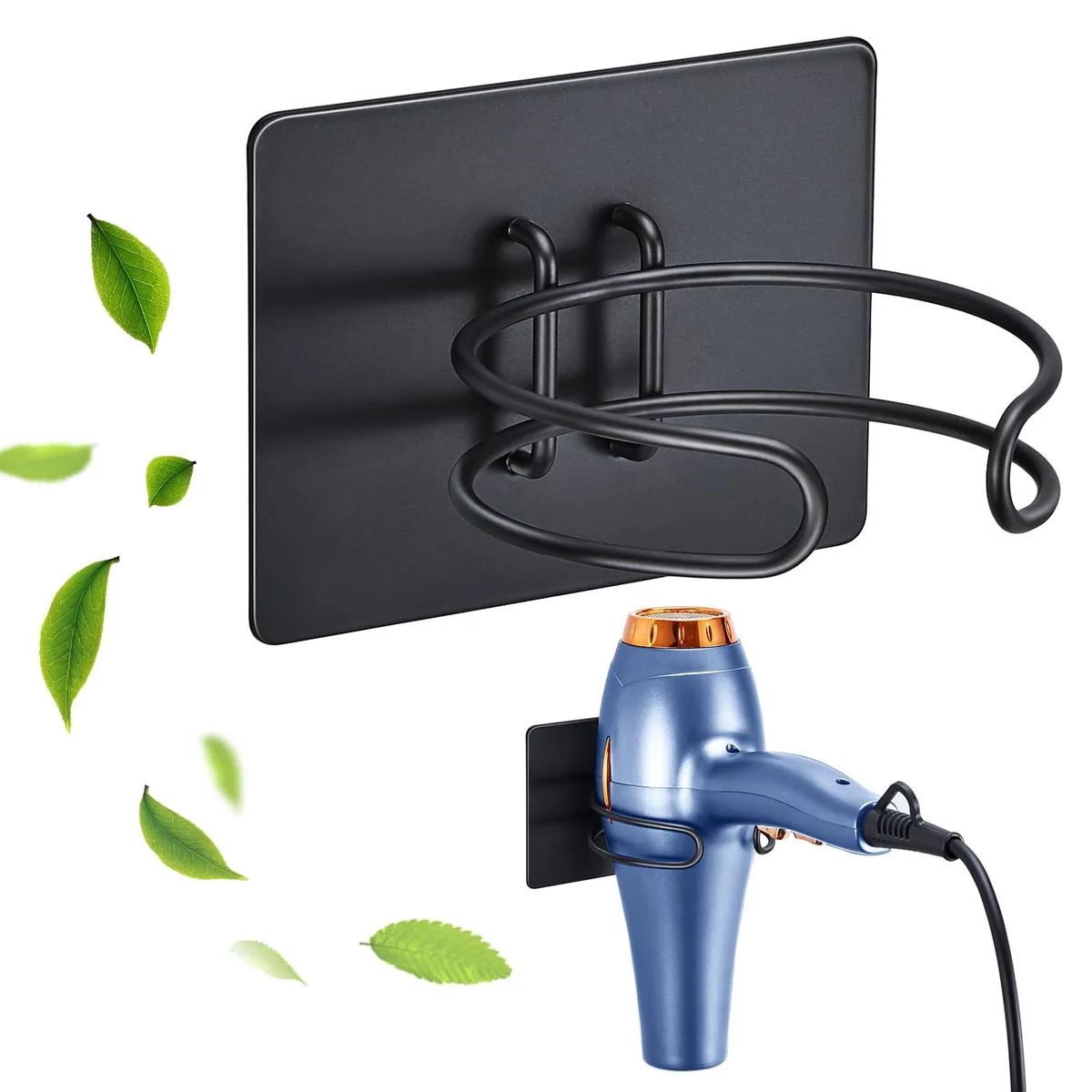 Black metal wall-mounted hair dryer holder with circular design and adhesive backing