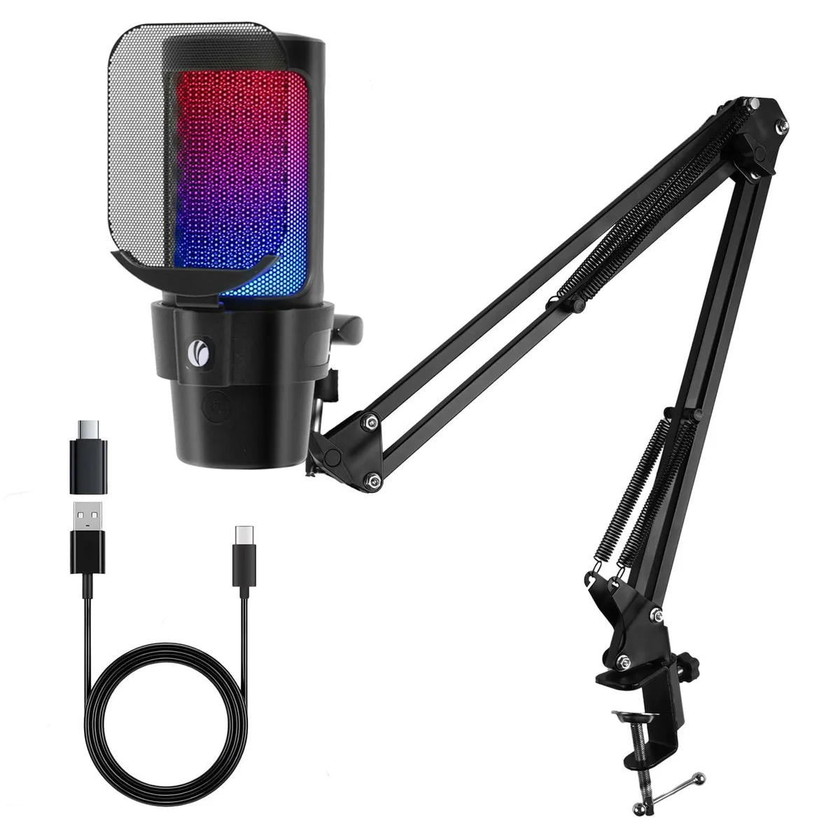 Black USB microphone on a desk boom arm with pop filter and RGB lighting