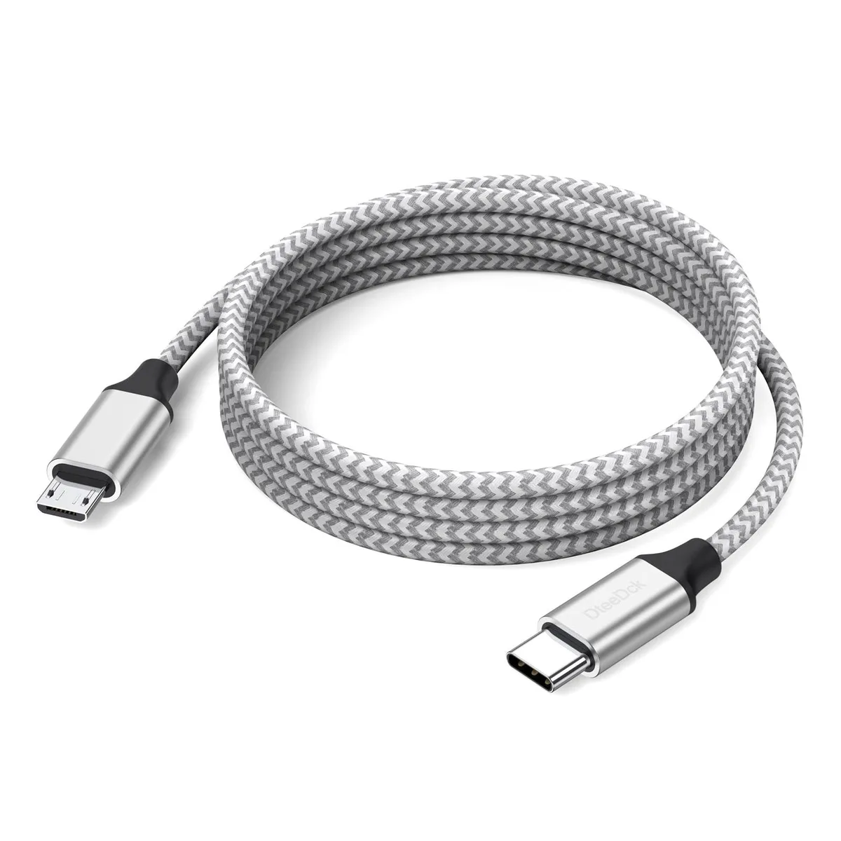 Silver braided USB-C to Micro USB cable, 6.6ft, male-to-male connectors
