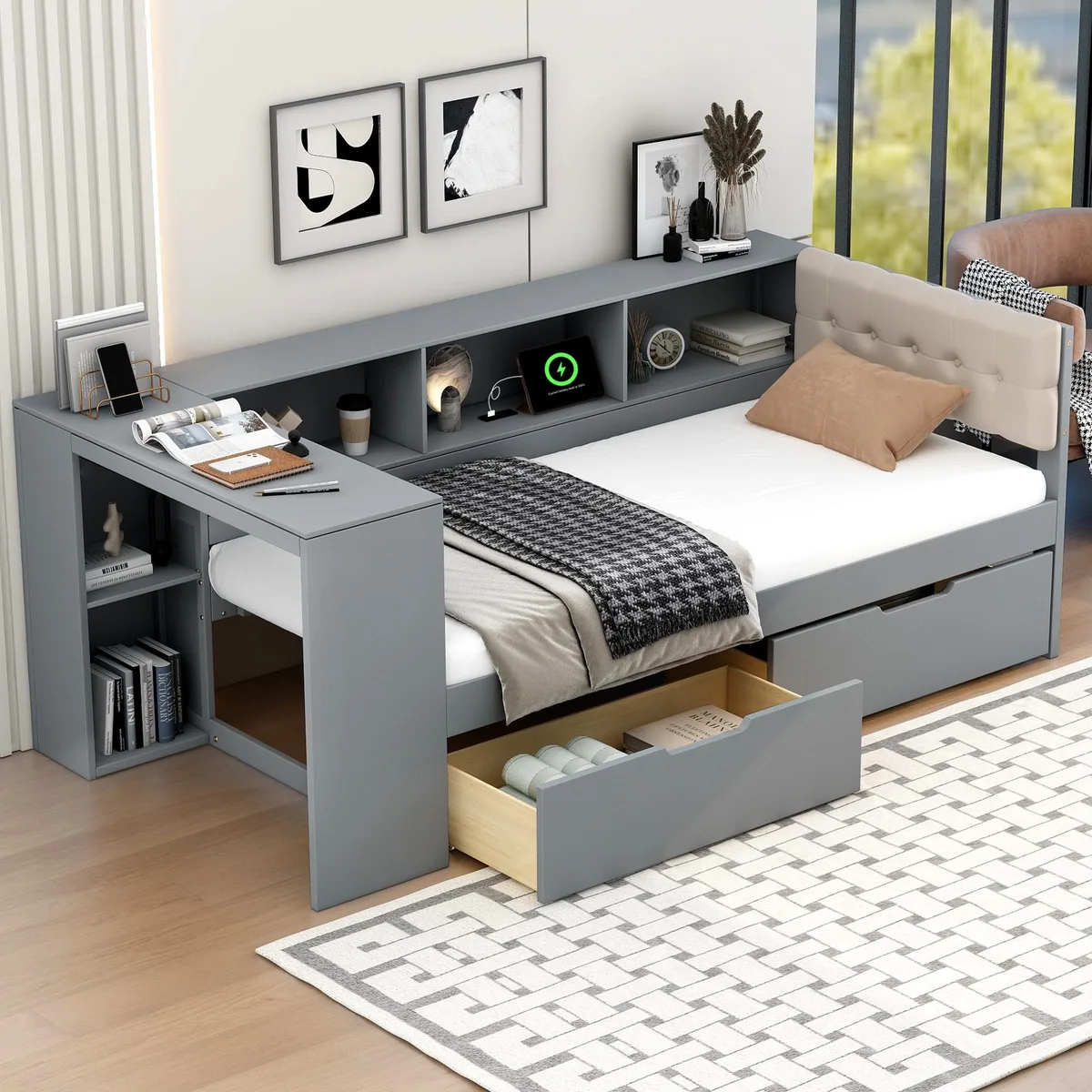 Gray twin platform bed with upholstered headboard, built-in shelves, two drawers and charging station