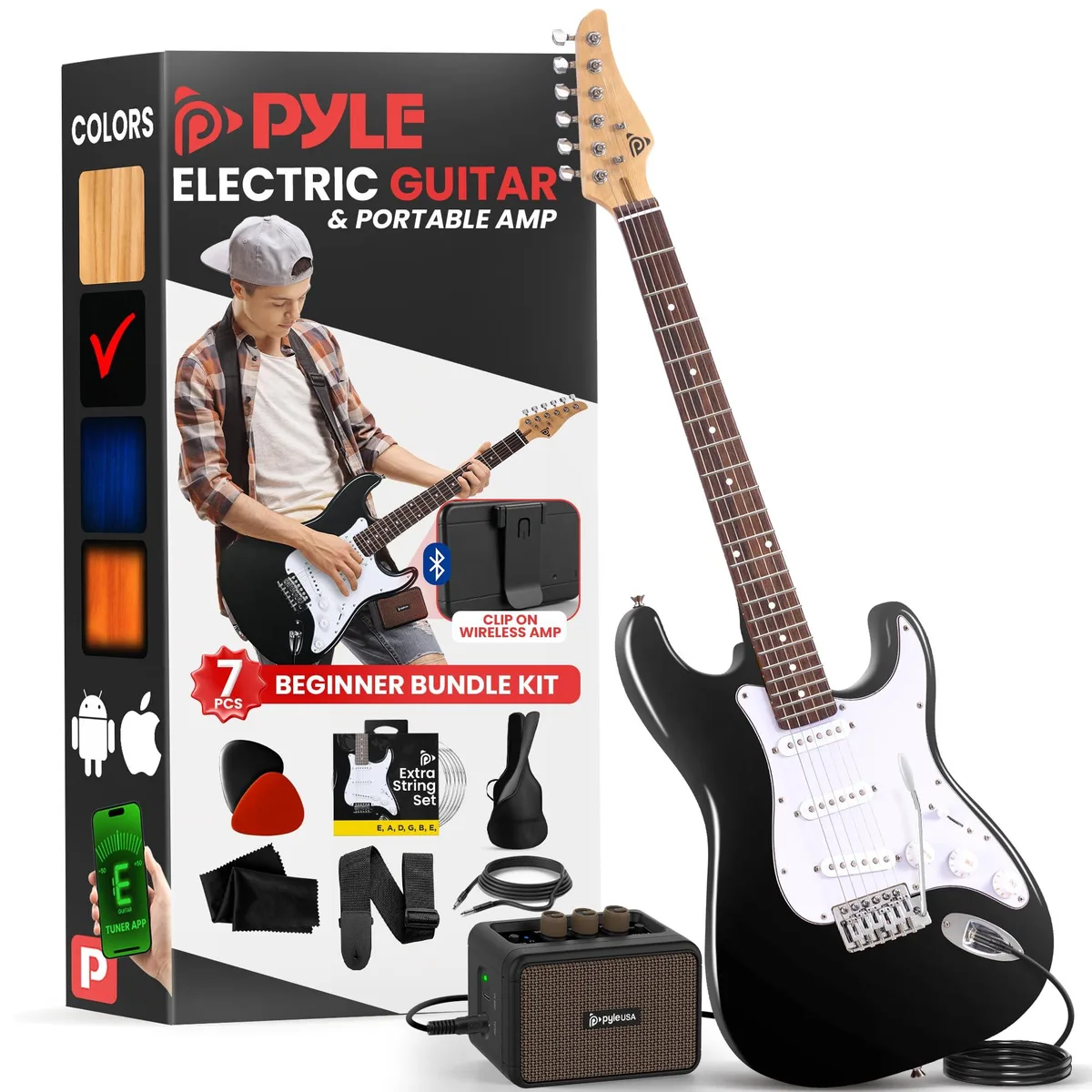 Black electric guitar with glossy finish, 22 frets, amplifier and gig bag included