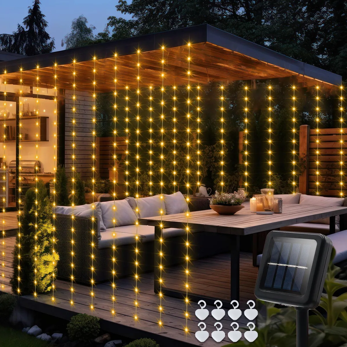 Solar curtain lights 7.9ft by 6ft with 144 warm white LEDs on transparent wire