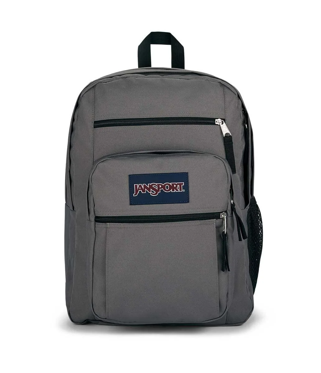Graphite grey polyester backpack with two large zippered compartments and a top haul handle
