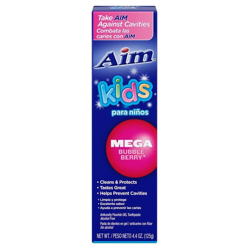 Two white 4.4 oz toothpaste tubes with blue caps and Mega Bubble Berry label