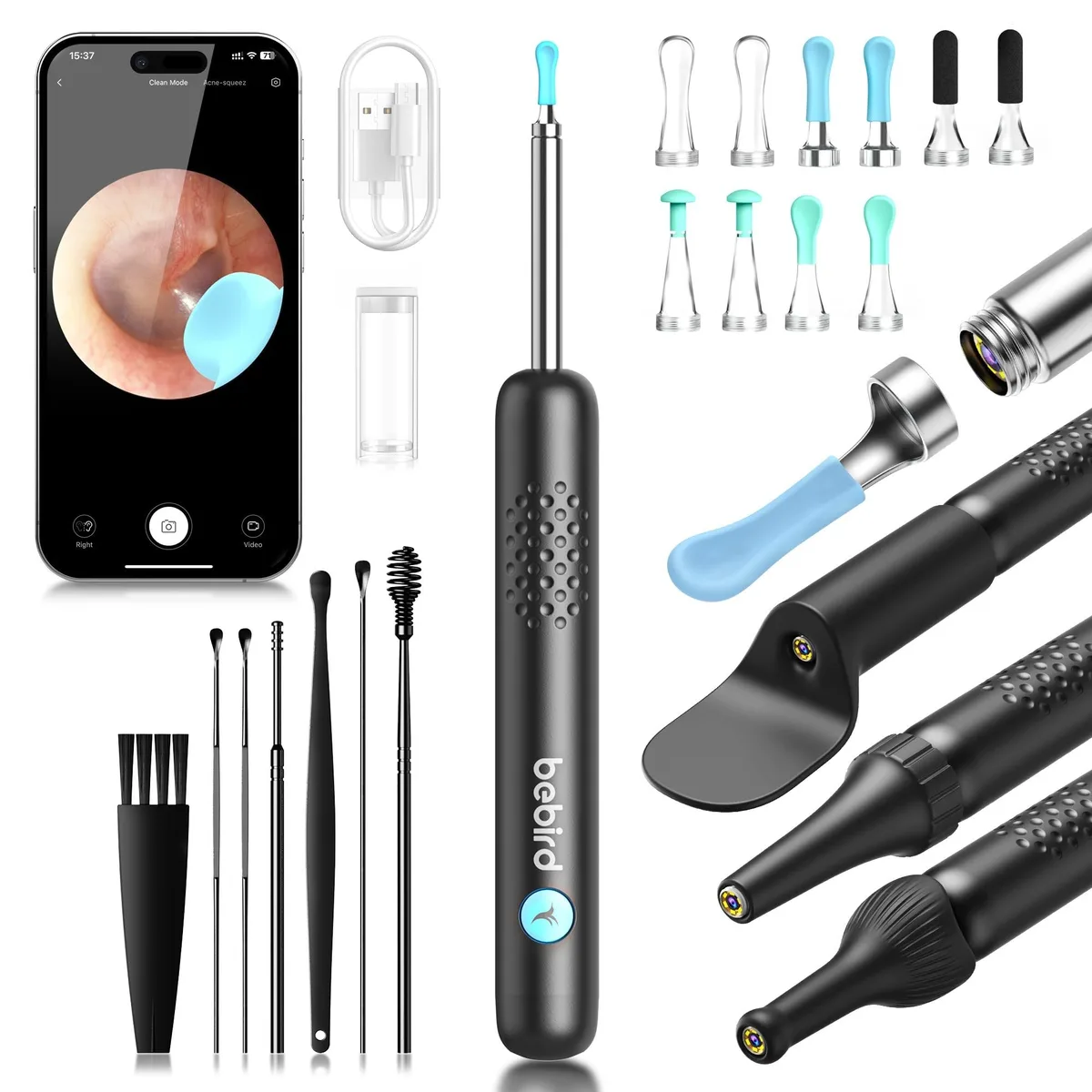Black ear-care device with 3.5 mm lens and six LED lights