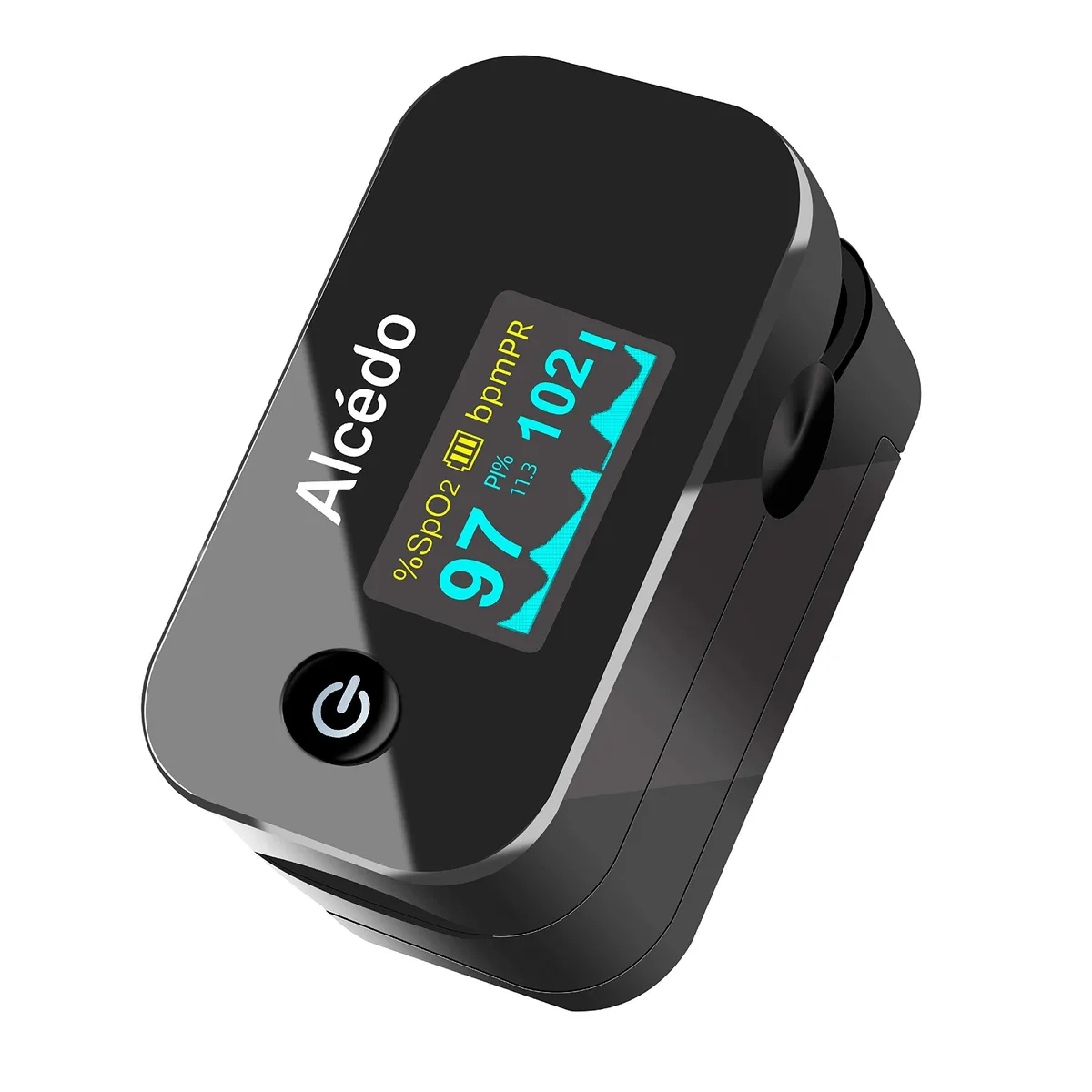 Small white fingertip pulse oximeter with dual colour OLED screen, silicone padding, lanyard and carry case