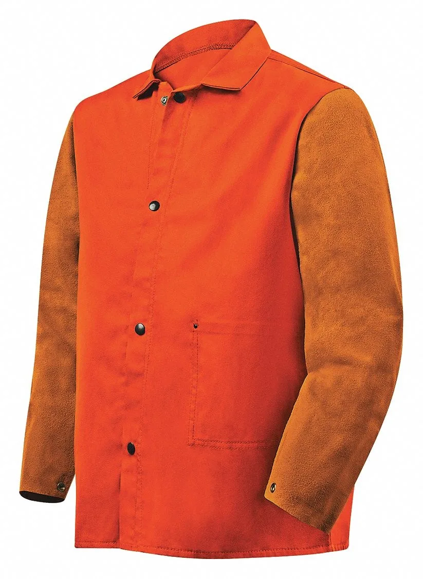 Orange welding jacket with leather sleeves and snap closure