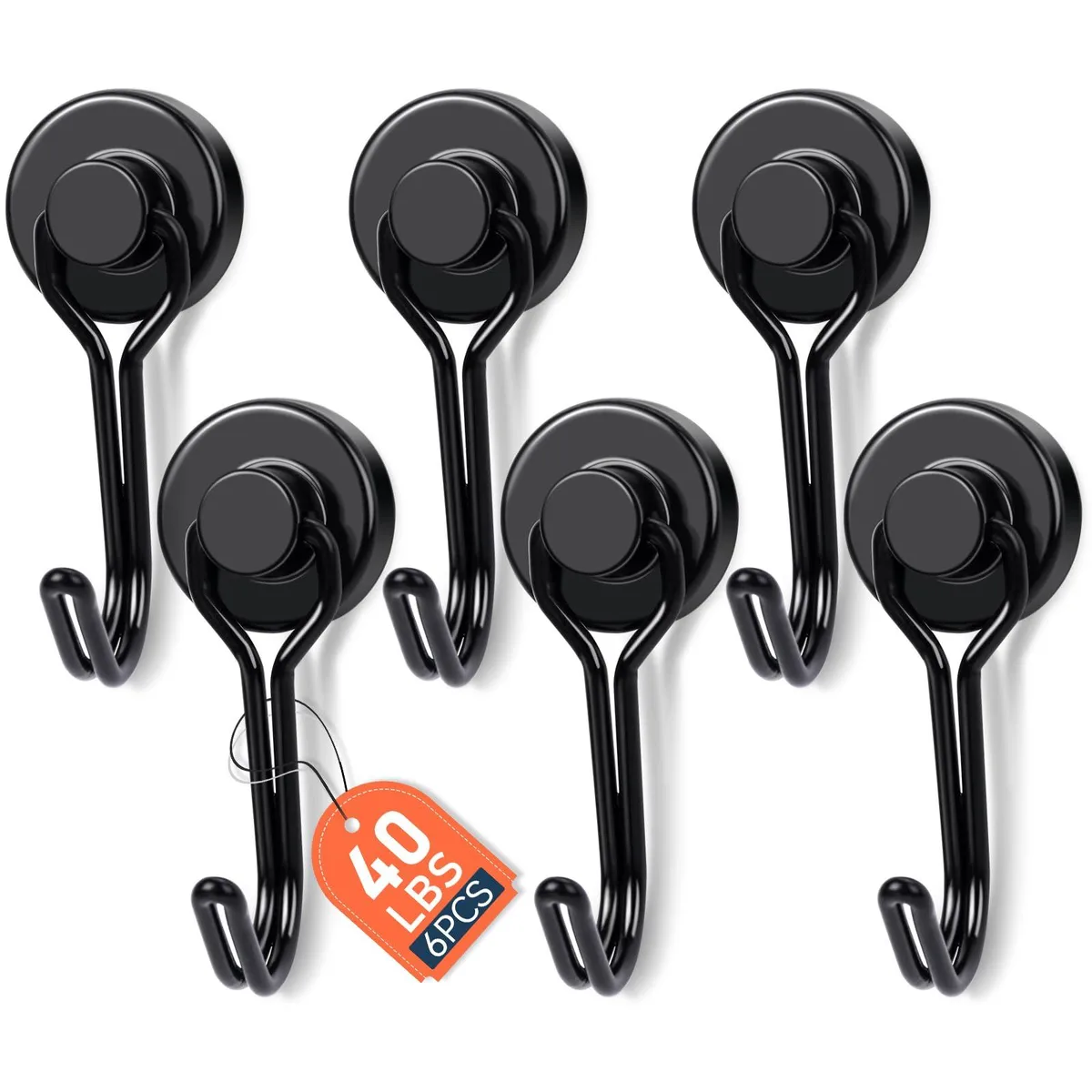 Ten black swivel magnetic hooks with neodymium magnets on a metal surface