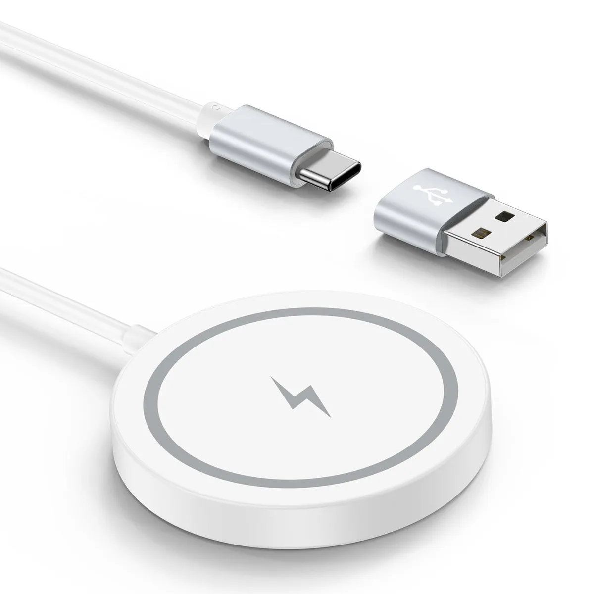 White magnetic wireless charging pad with built-in 1.2m USB-A and USB-C cable