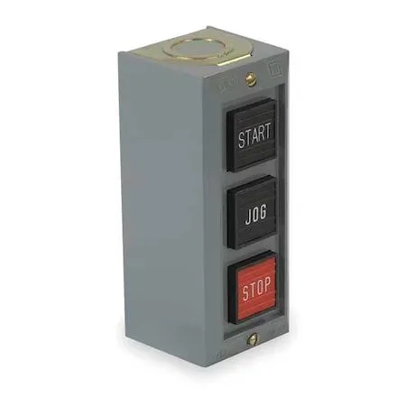 Grey plastic wall-mounted control station with three black and red push buttons labelled Start Jog Stop