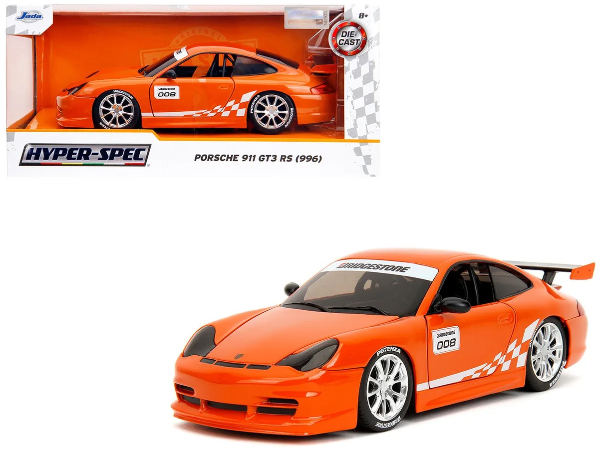 Jada Jada Porsche 911 GT3 RS (996) #008 Bridgestone Orange Metallic Hyper-Spec 1/24 Diecast Hobby Collectible — product photo