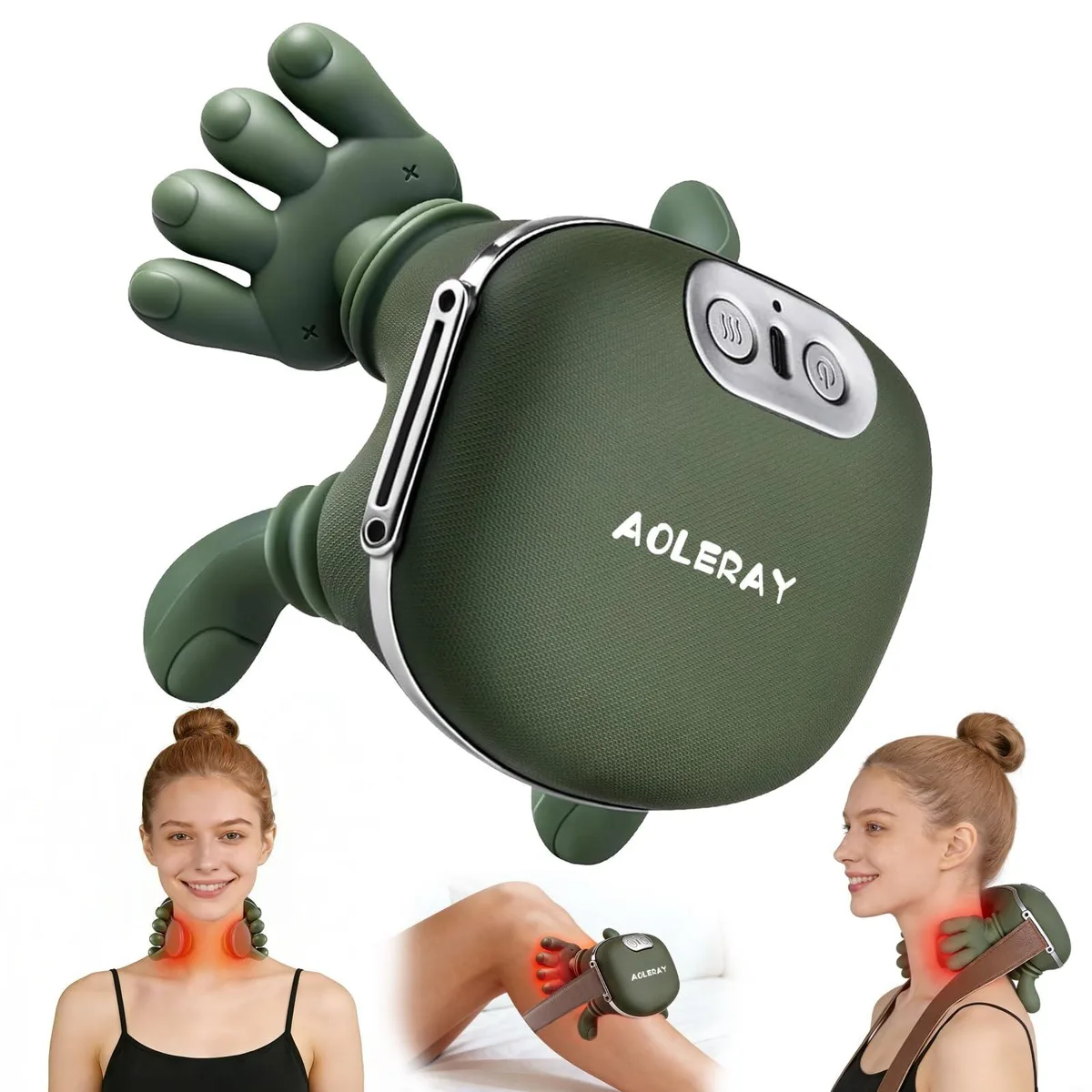 Green wrap-around neck massager with grey massage nodes, curved U-shape form factor, lightweight plastic finish