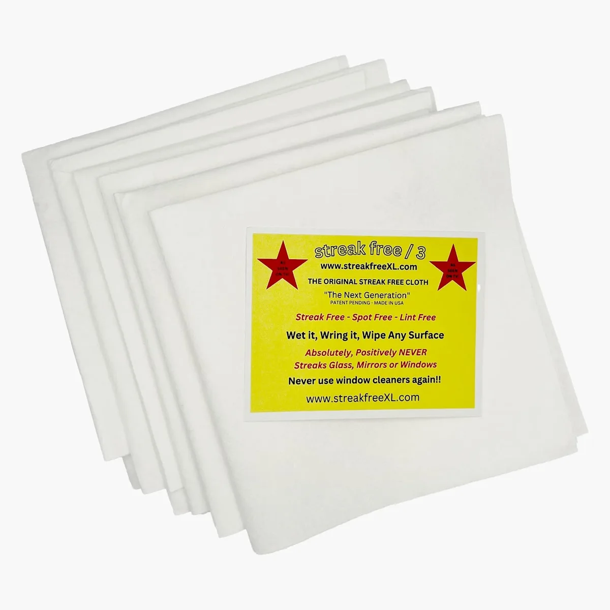 Six square lint-free microfiber cloths, 16 inches each, folded in a stack