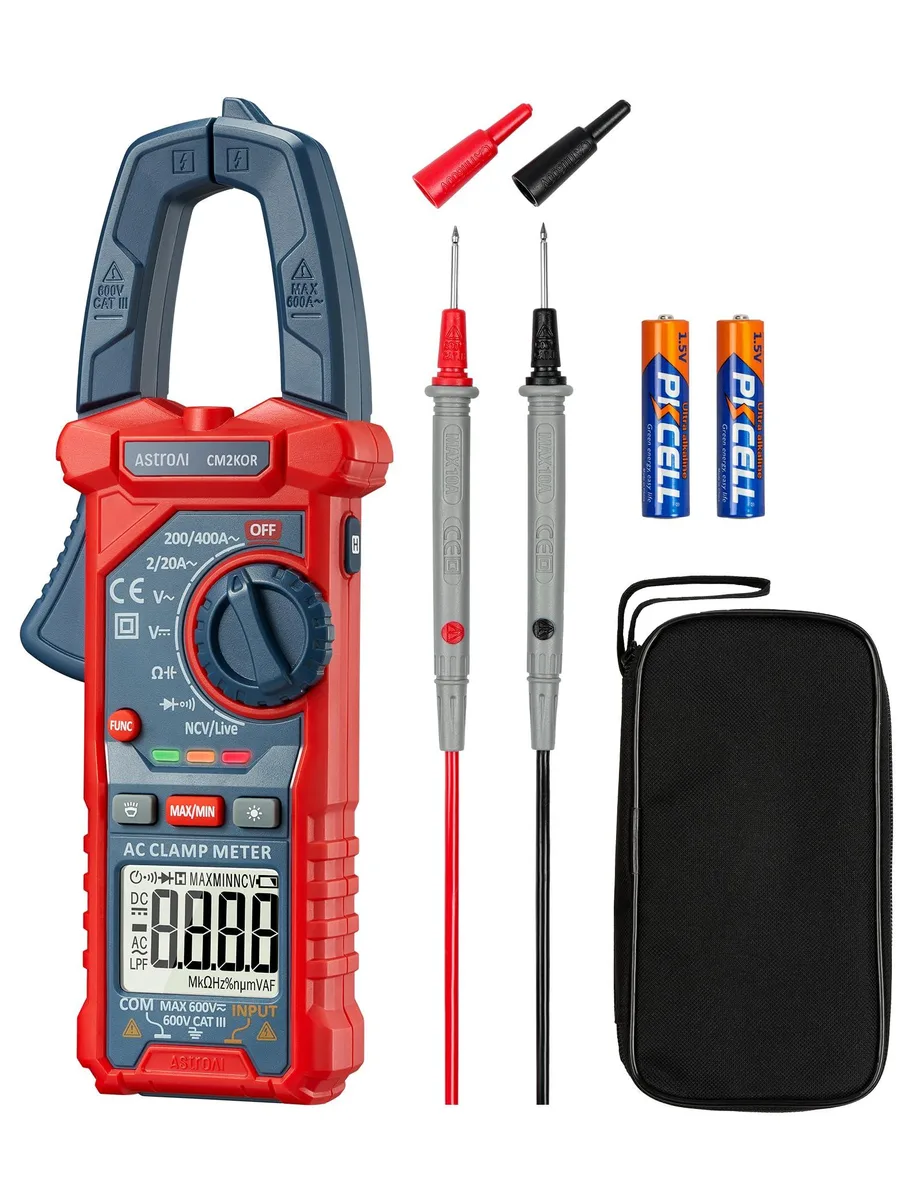 Blue digital clamp meter with LCD screen and test leads