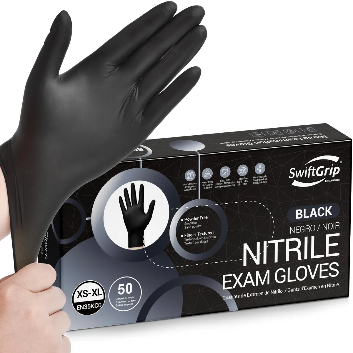 SwiftGrip EN35KC4 Nitrile Gloves Black XL 50-ct Box — product photo