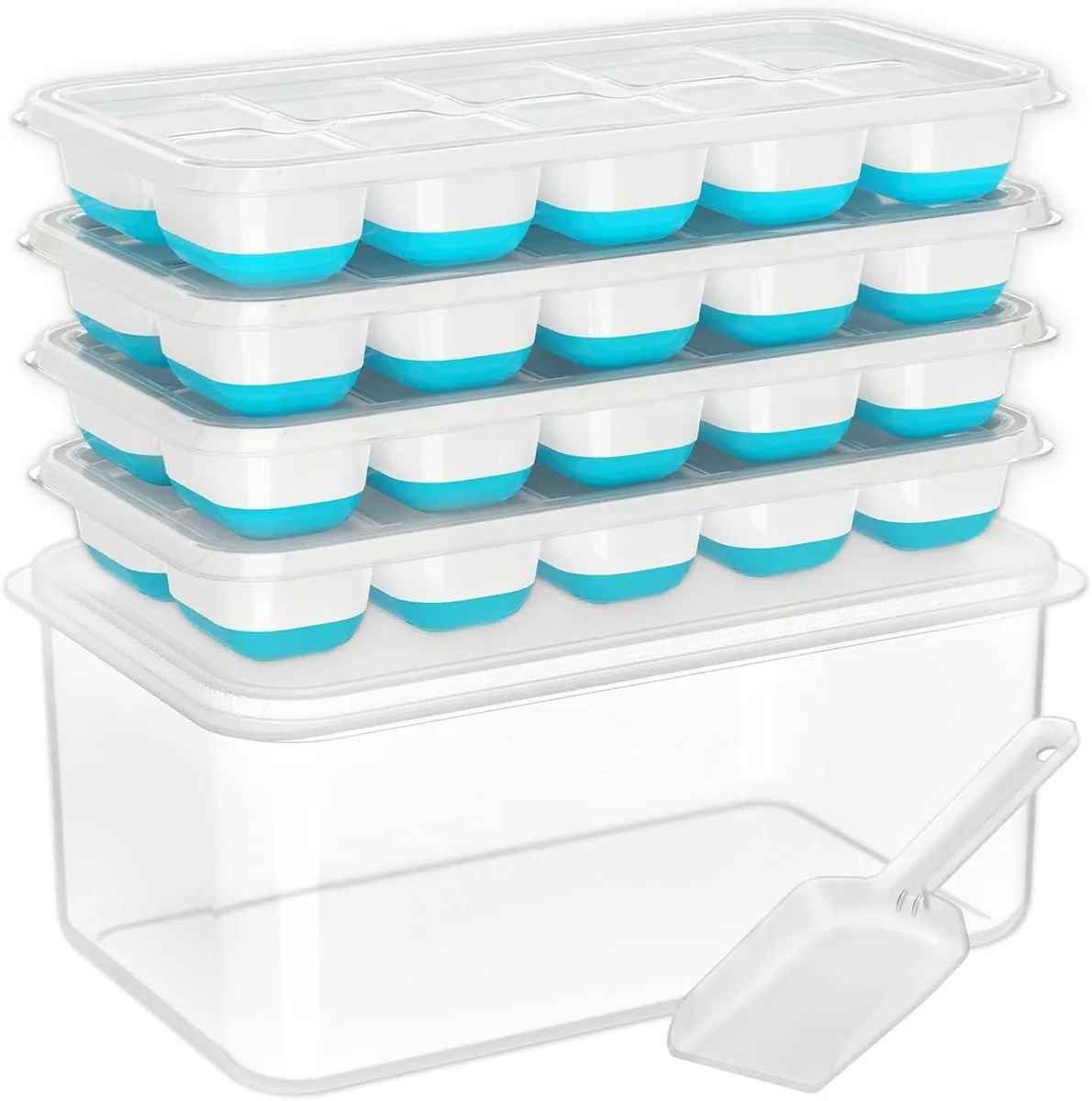 Four blue polypropylene ice cube trays with lids, a storage bin and scoop