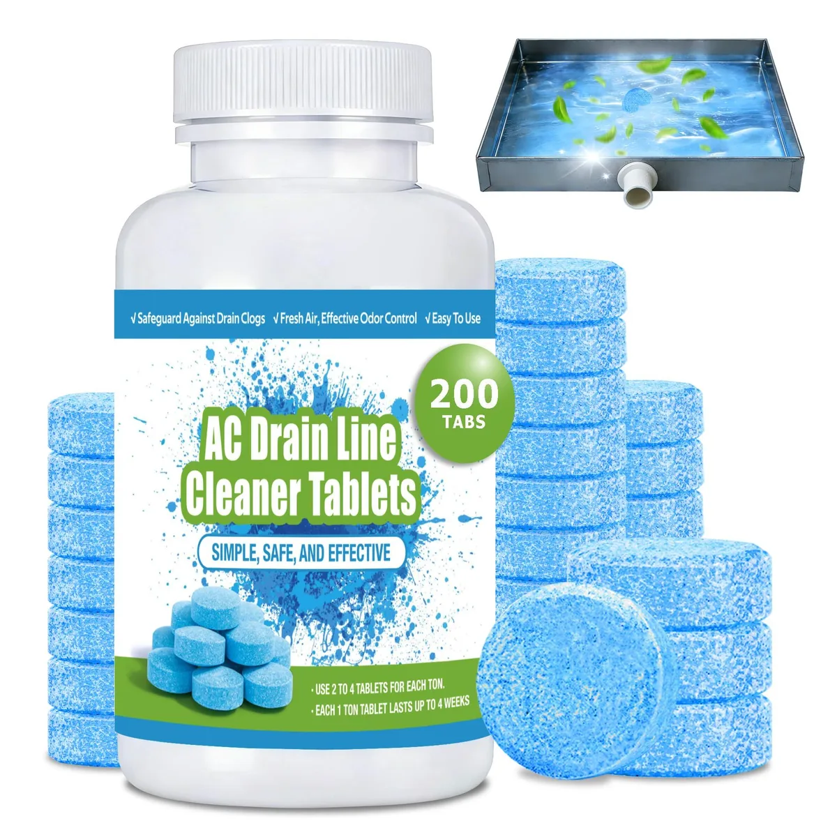 White cylindrical bottle with blue tablets visible through translucent side, flip-top cap, WORKPRO label, 200-count HVAC drain cleaner