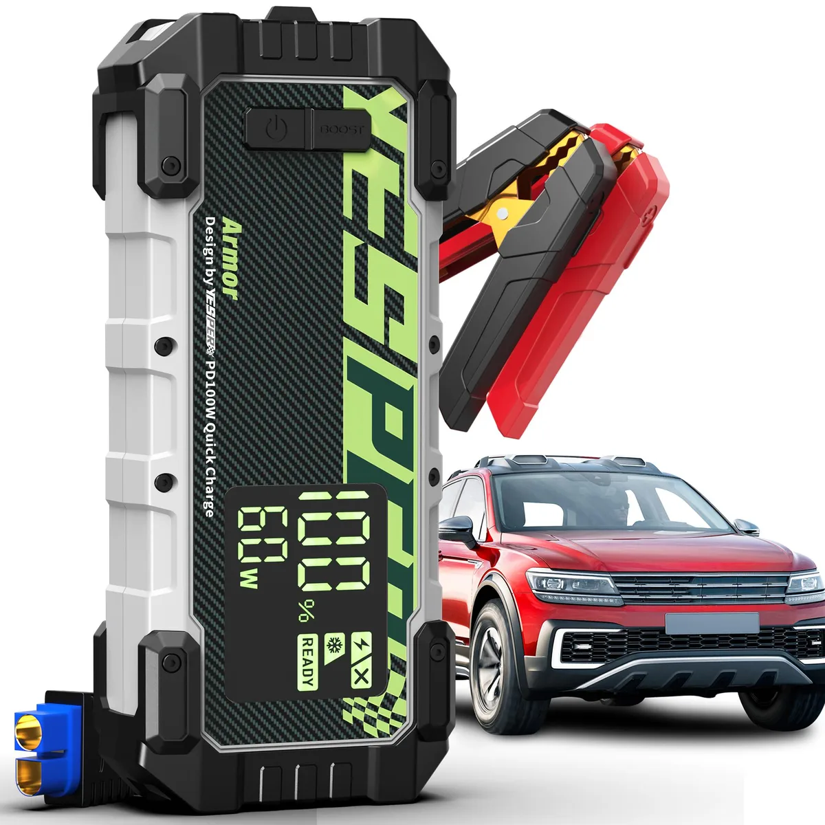 Green rectangular jump starter with clamps and screen