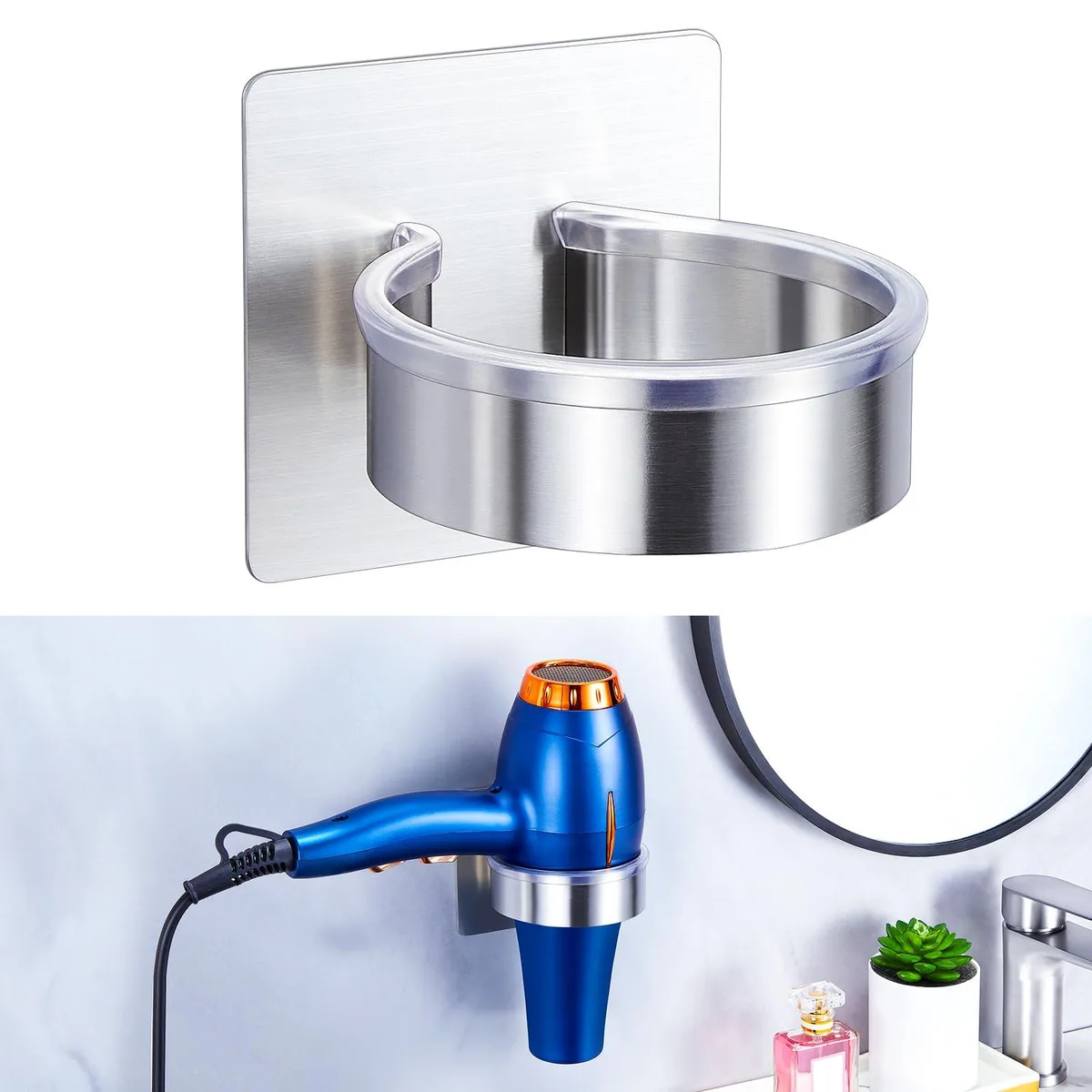 Silver metal wall-mounted hair dryer holder with adhesive backing