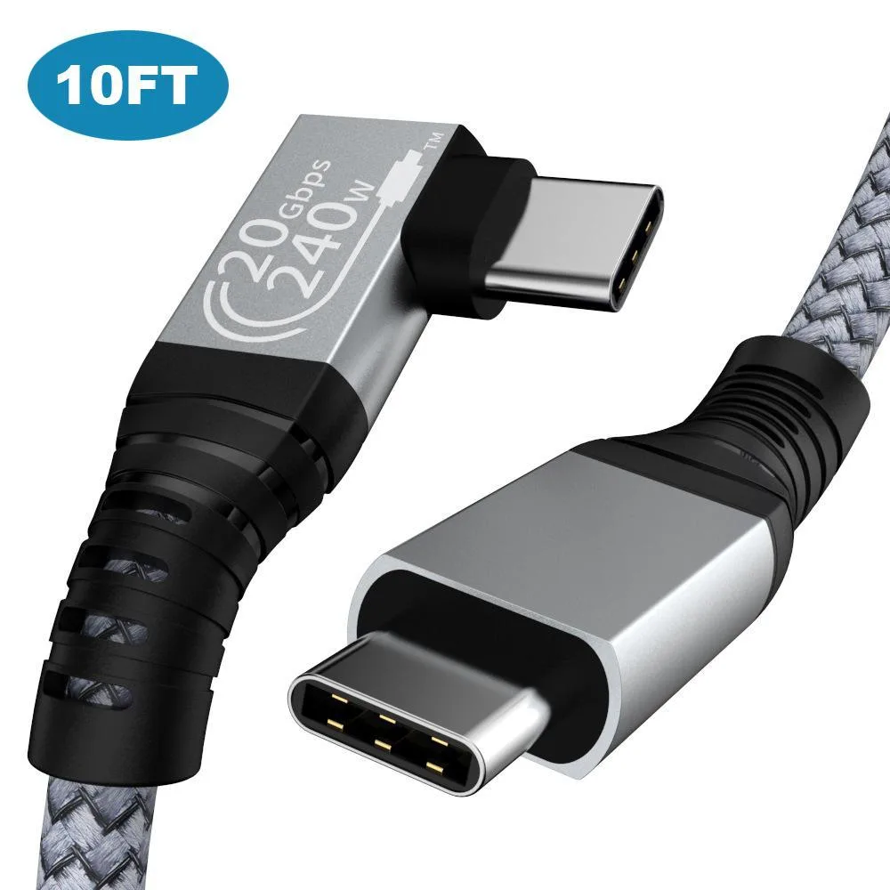 WRIARICH WRIARICH 240W USB C to USB C Cable 10ft 20Gbps 90° Right Angle Thunderbolt 3 Gray — product photo