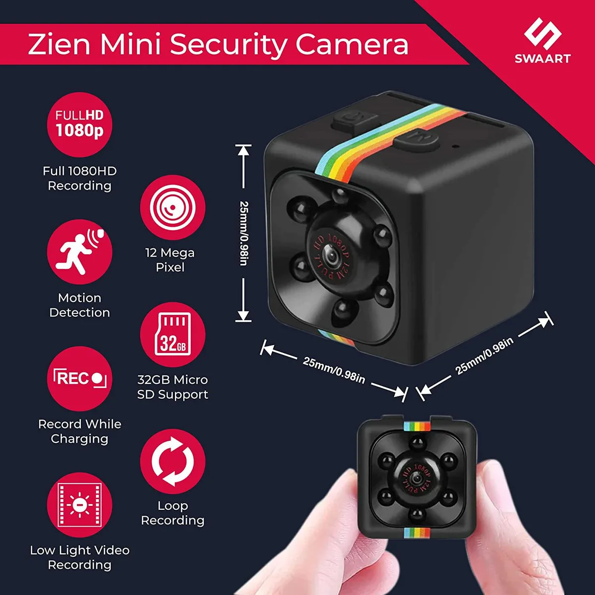 Tiny square security camera with glossy black finish and six infrared LEDs around the lens