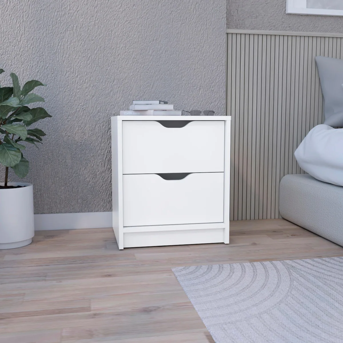 White particle-board bedside table with two drawers, 19 inches high