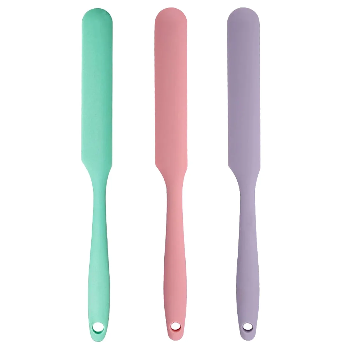 Three flexible silicone jar spatulas 9.6 in long with narrow rectangular blades and long handles