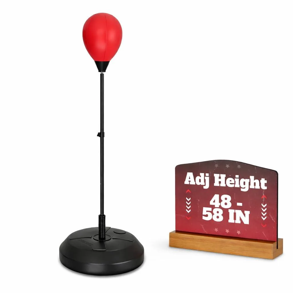 Black inflatable reflex punching bag on spring-loaded stand with weighted base, boxing gloves and pump included