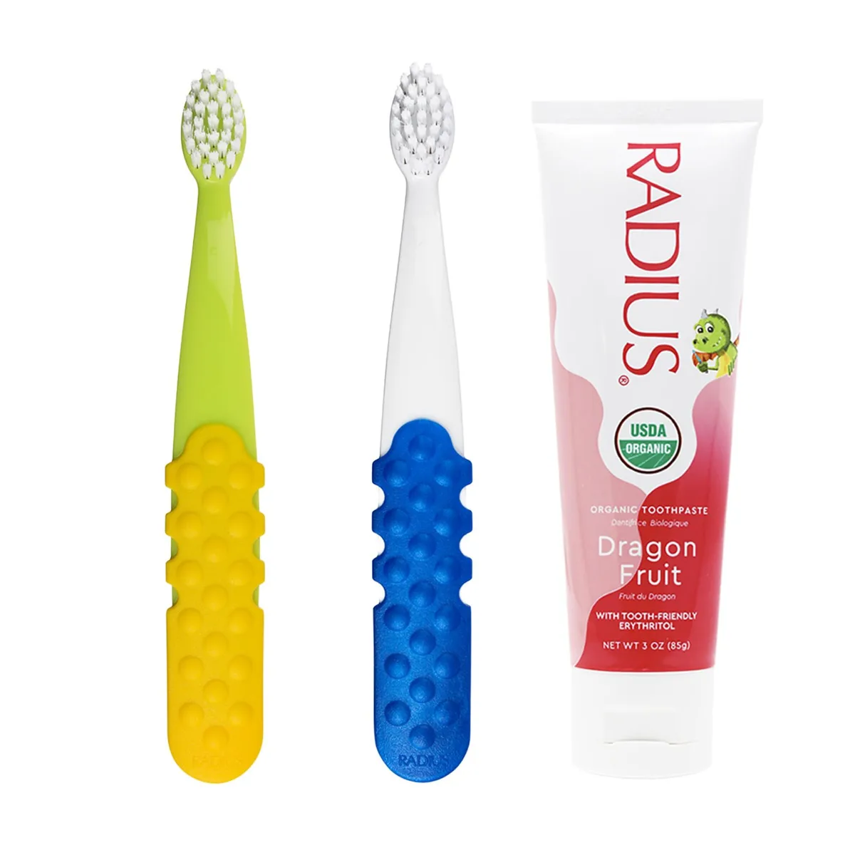 Two toddler toothbrushes in white and blue, green and yellow with a dragon fruit toothpaste tube