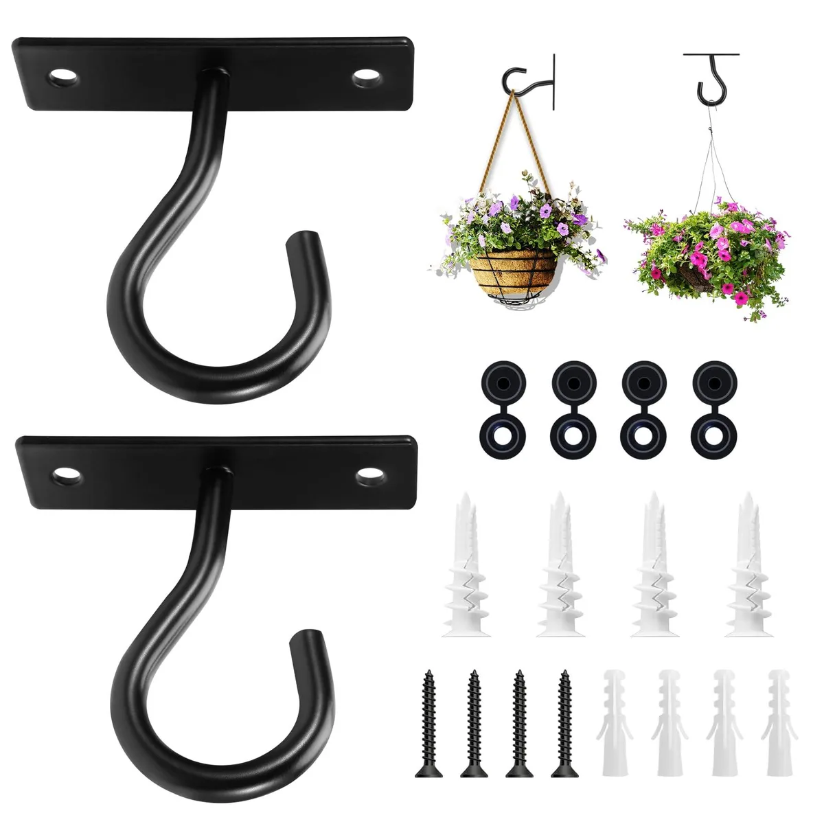 Two black metal ceiling hooks with narrow bases and mounting hardware