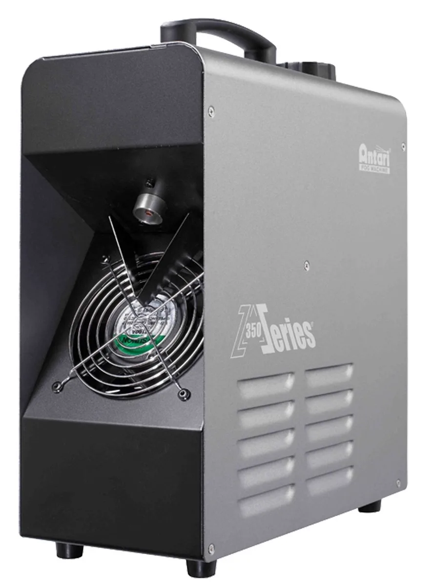 Compact rectangular haze machine in black finish with front fluid tank and rear control panel