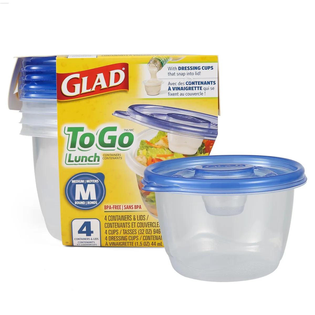 Red round food storage container with snap lid and built-in 1.5 oz dressing cup