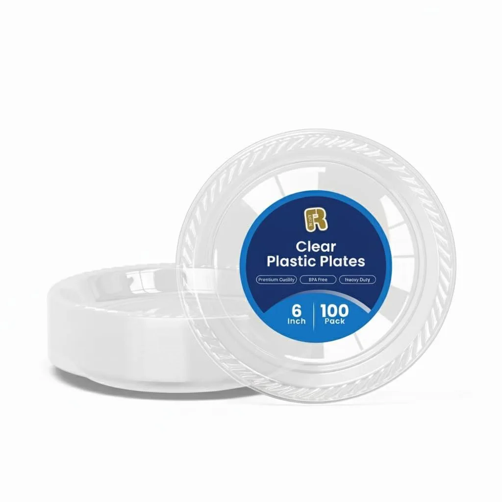 Stack of 100 clear round plastic plates 6 inch diameter