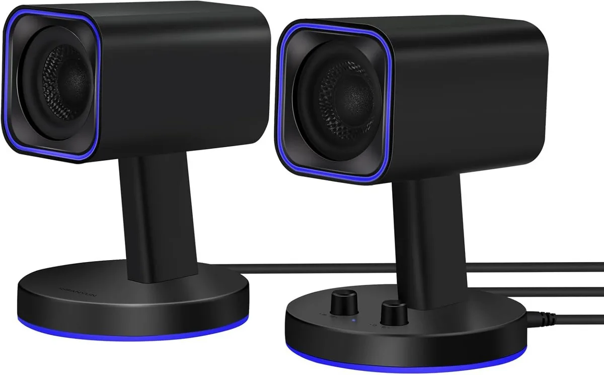 Pair of black compact desktop speakers with 2.25-inch drivers and RGB lighting