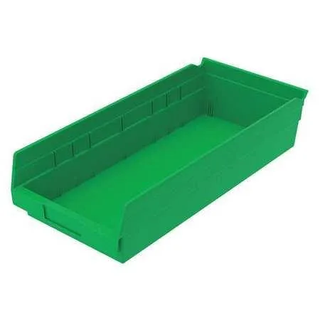 Green industrial polymer shelf bin, rectangular with open top and molded label area