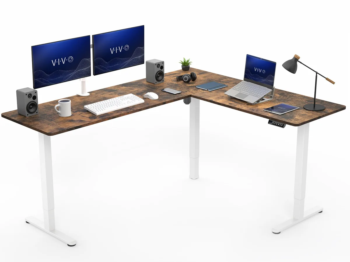 VIVO VIVO Vintage Brown / White Electric 75" x 63" L-Shaped Corner Standing Desk — product photo