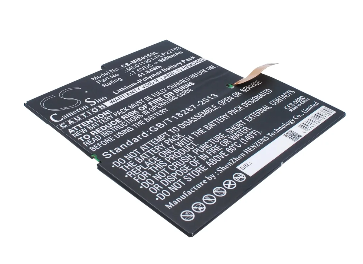 Flat rectangular lithium-ion battery pack with label showing model numbers