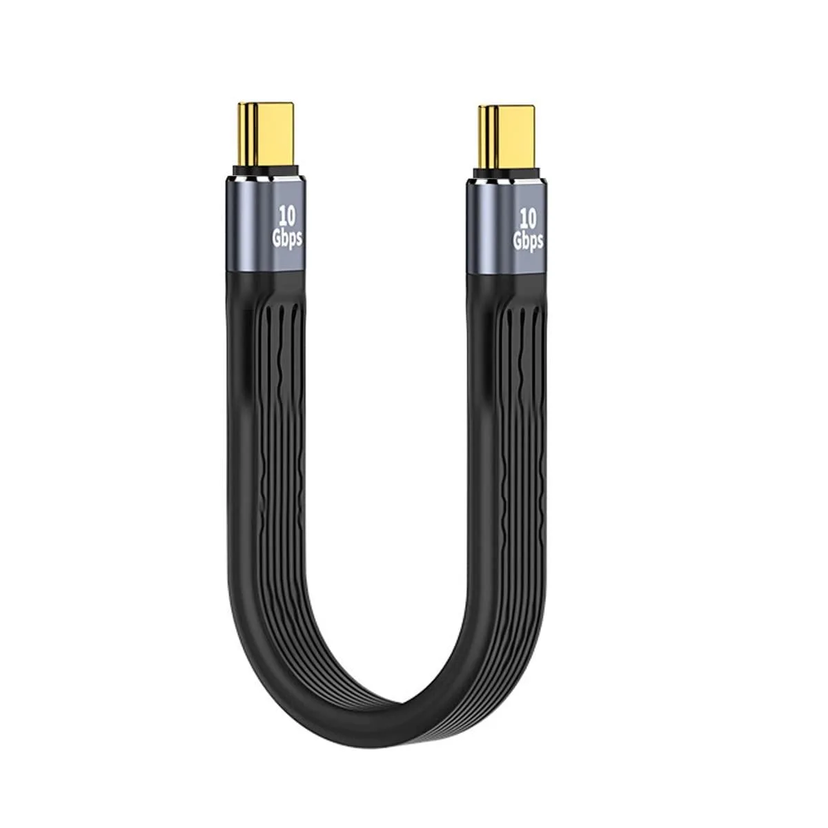 Flat black USB-C male-to-female cable 13cm long with alloy shell overmold