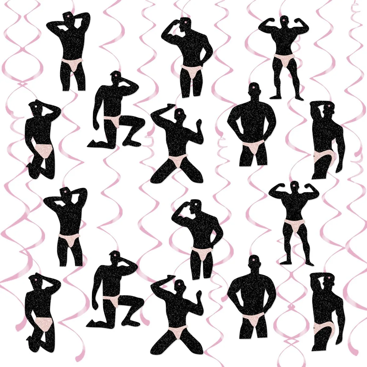 30 hanging swirls with blue muscle man dancer cutouts and pink foil swirls
