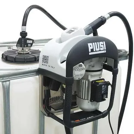 Silver electric drum pump with 60 in suction tube and 18 ft discharge hose