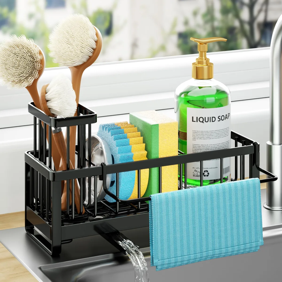 Black 304 stainless steel sink caddy with rotating drain pipe, brush holder and cloth holder