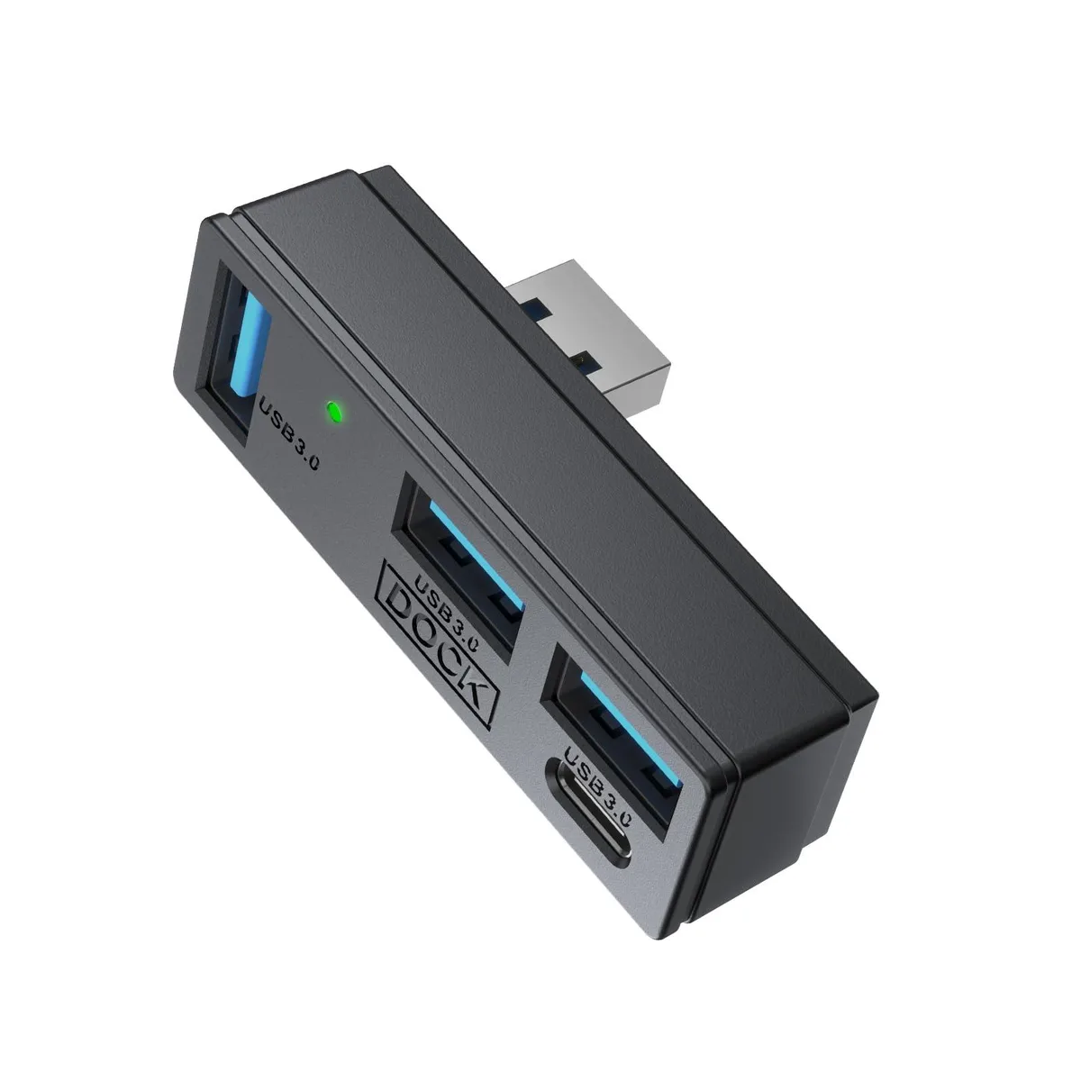 Gray compact 4-port USB hub with three USB-A and one USB-C socket